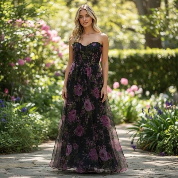 Lulus Dresses & Skirts - Lulus Strapless Floral Maxi Dress Corset Bodice Black Purple Wedding Guest
